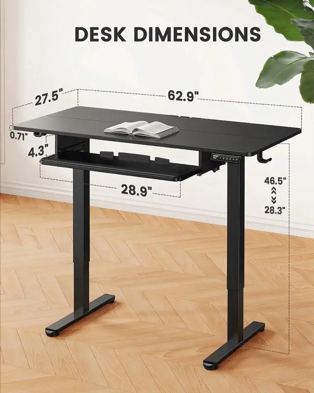 Alt view image 3 of 6 - Large Electric Standing Desk with Keyboard Tray, 63x28 Inches Adjustable Height Sit Stand Up Desk, Home Office Desk Computer Workstation, Black