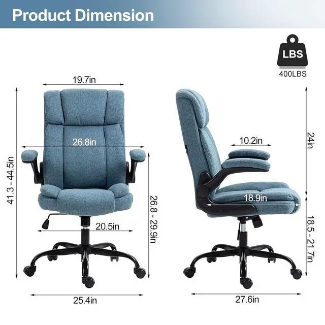 Alt view image 2 of 6 - Office Chair High Back Ergonomic Executive Computer Desk Chair Comfortable Fabric Padded Home Office Desk Chairs with Flip-up Arm Rest Adjustable Height Swivel Wheels (Blue)
