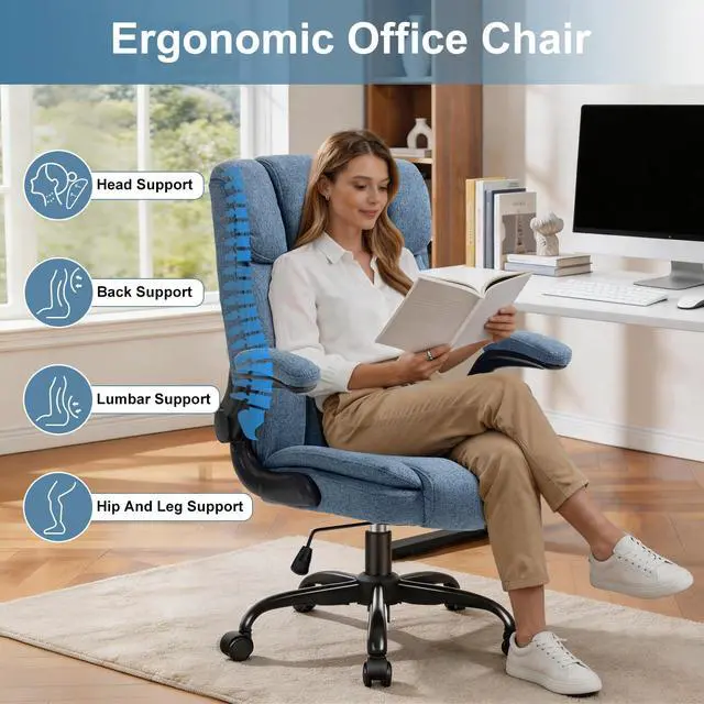 Alt view image 3 of 6 - Office Chair High Back Ergonomic Executive Computer Desk Chair Comfortable Fabric Padded Home Office Desk Chairs with Flip-up Arm Rest Adjustable Height Swivel Wheels (Blue)