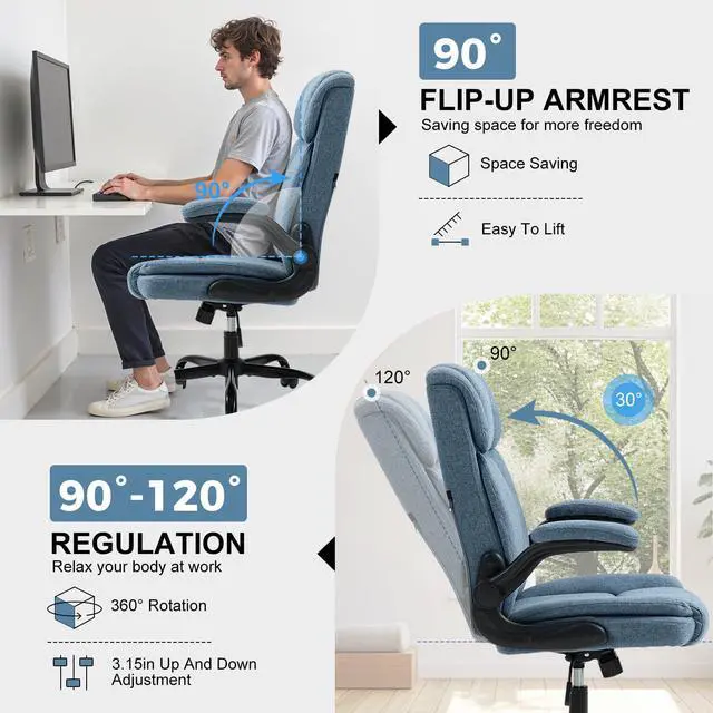 Alt view image 4 of 6 - Office Chair High Back Ergonomic Executive Computer Desk Chair Comfortable Fabric Padded Home Office Desk Chairs with Flip-up Arm Rest Adjustable Height Swivel Wheels (Blue)