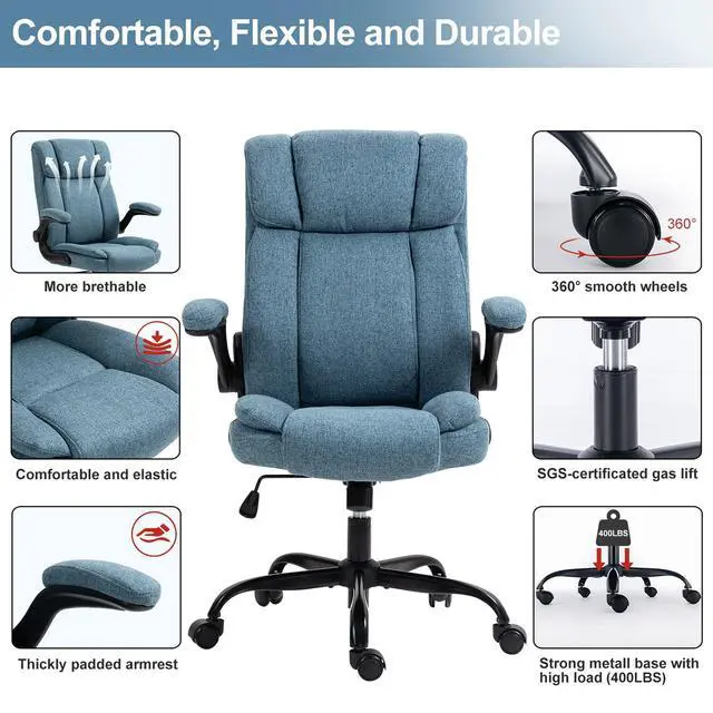 Alt view image 5 of 6 - Office Chair High Back Ergonomic Executive Computer Desk Chair Comfortable Fabric Padded Home Office Desk Chairs with Flip-up Arm Rest Adjustable Height Swivel Wheels (Blue)