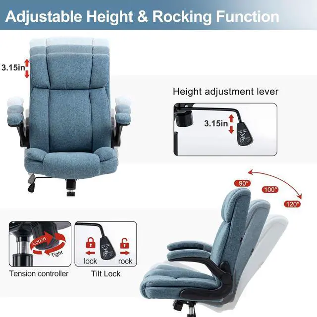 Alt view image 6 of 6 - Office Chair High Back Ergonomic Executive Computer Desk Chair Comfortable Fabric Padded Home Office Desk Chairs with Flip-up Arm Rest Adjustable Height Swivel Wheels (Blue)