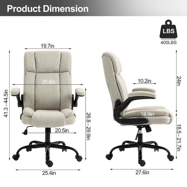 Alt view image 2 of 6 - Office Chair High Back Ergonomic Executive Computer Desk Chair Comfortable Fabric Padded Home Office Desk Chairs with Flip-up Arm Rest Adjustable Height Swivel Wheels (Beige)