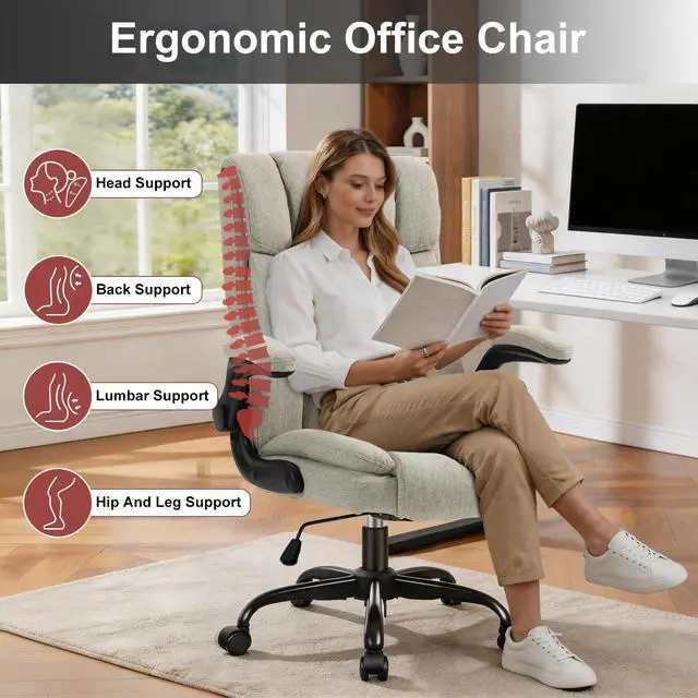 Alt view image 3 of 6 - Office Chair High Back Ergonomic Executive Computer Desk Chair Comfortable Fabric Padded Home Office Desk Chairs with Flip-up Arm Rest Adjustable Height Swivel Wheels (Beige)