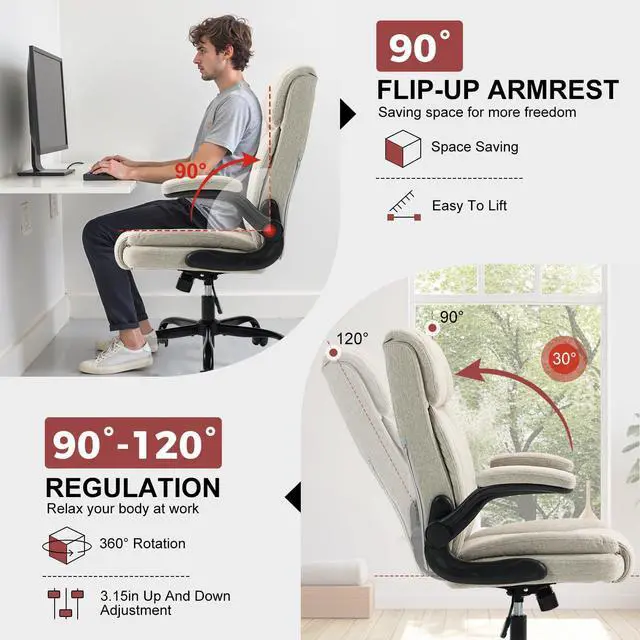 Alt view image 4 of 6 - Office Chair High Back Ergonomic Executive Computer Desk Chair Comfortable Fabric Padded Home Office Desk Chairs with Flip-up Arm Rest Adjustable Height Swivel Wheels (Beige)