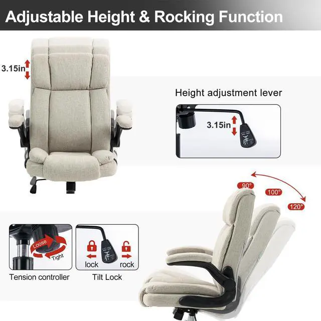 Alt view image 5 of 6 - Office Chair High Back Ergonomic Executive Computer Desk Chair Comfortable Fabric Padded Home Office Desk Chairs with Flip-up Arm Rest Adjustable Height Swivel Wheels (Beige)