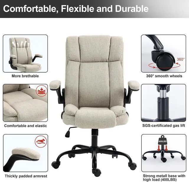Alt view image 6 of 6 - Office Chair High Back Ergonomic Executive Computer Desk Chair Comfortable Fabric Padded Home Office Desk Chairs with Flip-up Arm Rest Adjustable Height Swivel Wheels (Beige)
