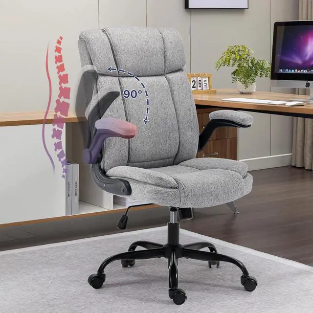 Main image of Office Chair High Back Ergonomic Executive Computer Desk Chair Comfortable Fabric Padded Home Office Desk Chairs with Flip-up Arm Rest Adjustable Height Swivel Wheels (Grey)