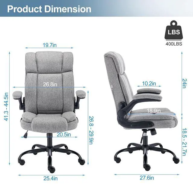 Alt view image 2 of 6 - Office Chair High Back Ergonomic Executive Computer Desk Chair Comfortable Fabric Padded Home Office Desk Chairs with Flip-up Arm Rest Adjustable Height Swivel Wheels (Grey)