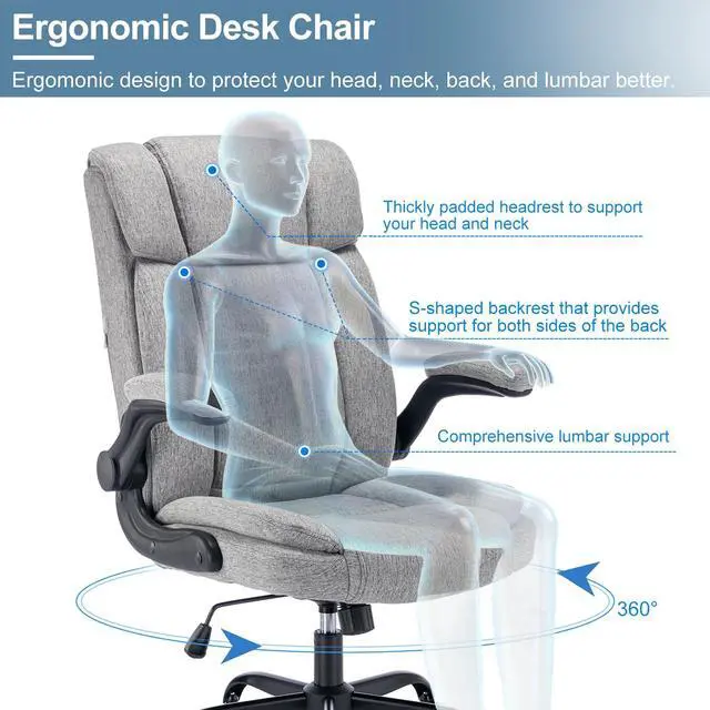 Alt view image 3 of 6 - Office Chair High Back Ergonomic Executive Computer Desk Chair Comfortable Fabric Padded Home Office Desk Chairs with Flip-up Arm Rest Adjustable Height Swivel Wheels (Grey)