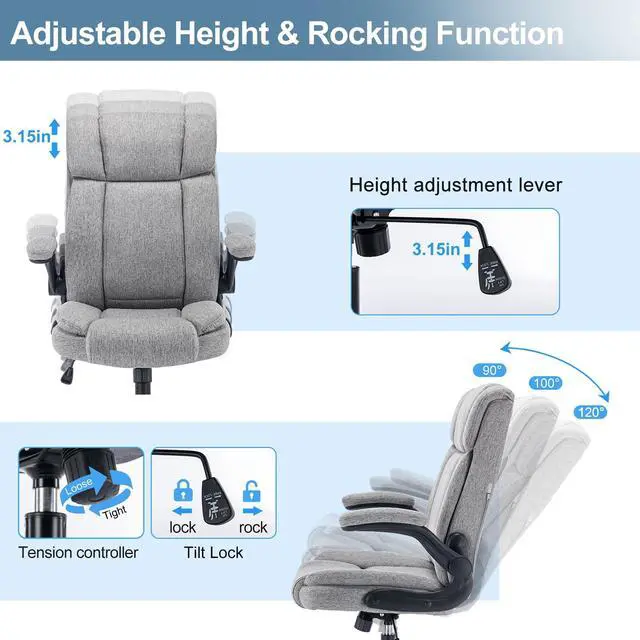 Alt view image 4 of 6 - Office Chair High Back Ergonomic Executive Computer Desk Chair Comfortable Fabric Padded Home Office Desk Chairs with Flip-up Arm Rest Adjustable Height Swivel Wheels (Grey)