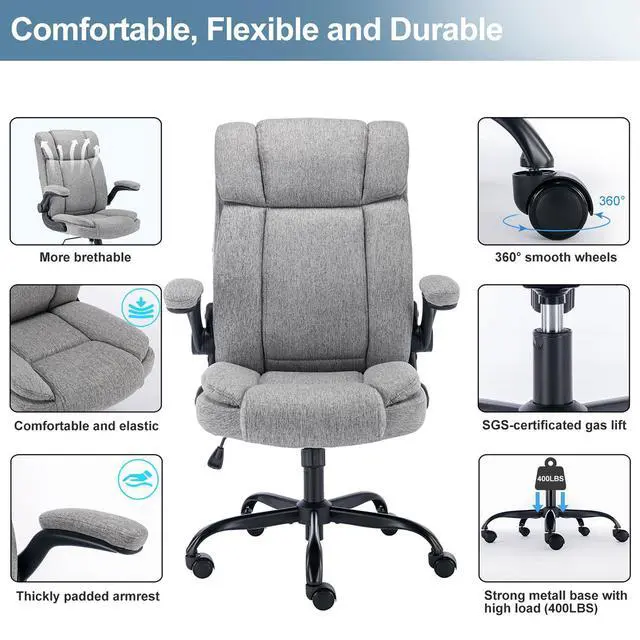 Alt view image 5 of 6 - Office Chair High Back Ergonomic Executive Computer Desk Chair Comfortable Fabric Padded Home Office Desk Chairs with Flip-up Arm Rest Adjustable Height Swivel Wheels (Grey)
