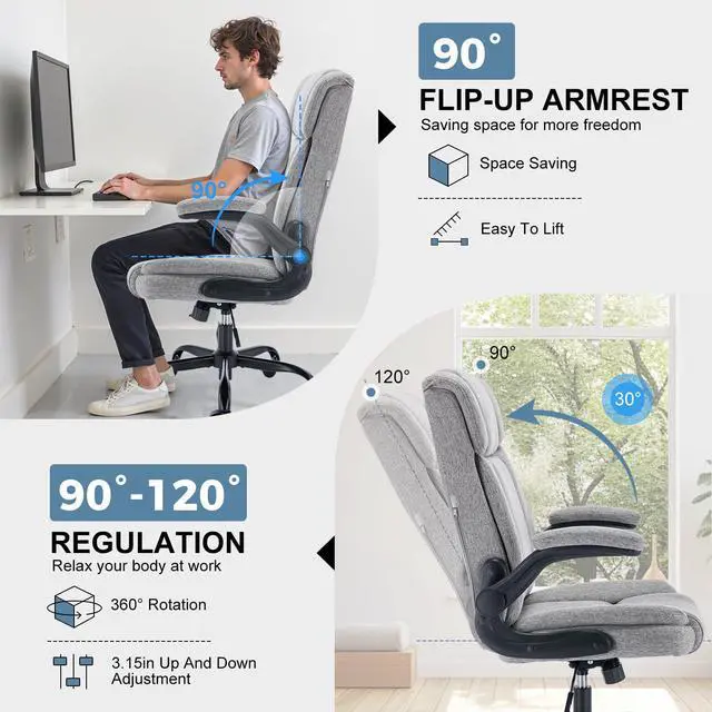 Alt view image 6 of 6 - Office Chair High Back Ergonomic Executive Computer Desk Chair Comfortable Fabric Padded Home Office Desk Chairs with Flip-up Arm Rest Adjustable Height Swivel Wheels (Grey)