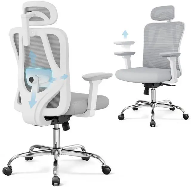 Main image of Ergonomic Mesh Office Chair with Adjustable 3D Headrest and Tilt Function, Big and Tall Reclining Comfy Home Computer Desk Chair with Lumbar Support and 3D Armrests, White