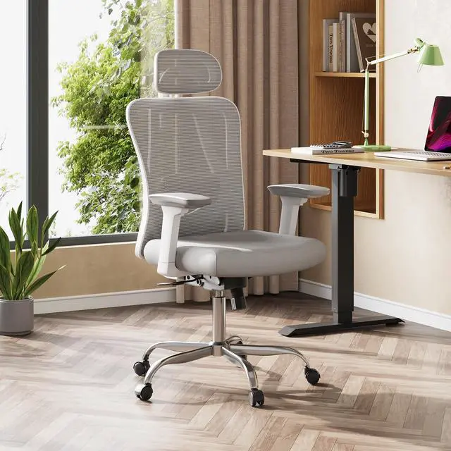 Alt view image 2 of 6 - Ergonomic Mesh Office Chair with Adjustable 3D Headrest and Tilt Function, Big and Tall Reclining Comfy Home Computer Desk Chair with Lumbar Support and 3D Armrests, White