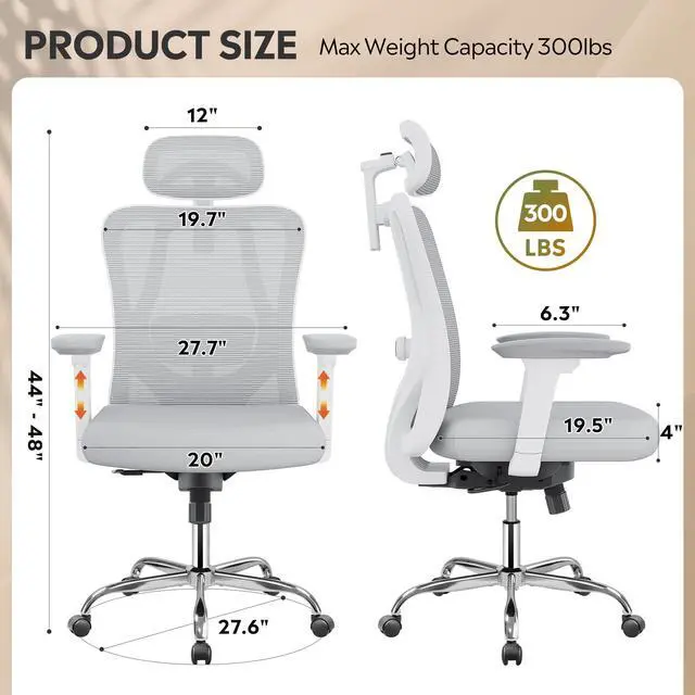 Alt view image 3 of 6 - Ergonomic Mesh Office Chair with Adjustable 3D Headrest and Tilt Function, Big and Tall Reclining Comfy Home Computer Desk Chair with Lumbar Support and 3D Armrests, White