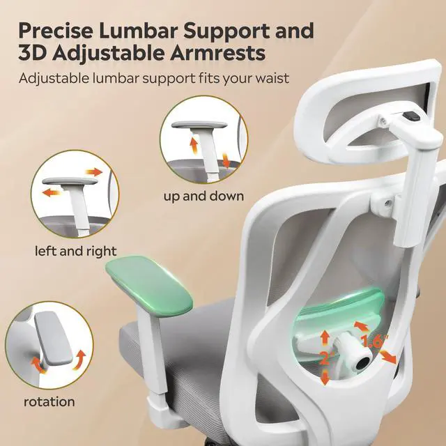 Alt view image 5 of 6 - Ergonomic Mesh Office Chair with Adjustable 3D Headrest and Tilt Function, Big and Tall Reclining Comfy Home Computer Desk Chair with Lumbar Support and 3D Armrests, White