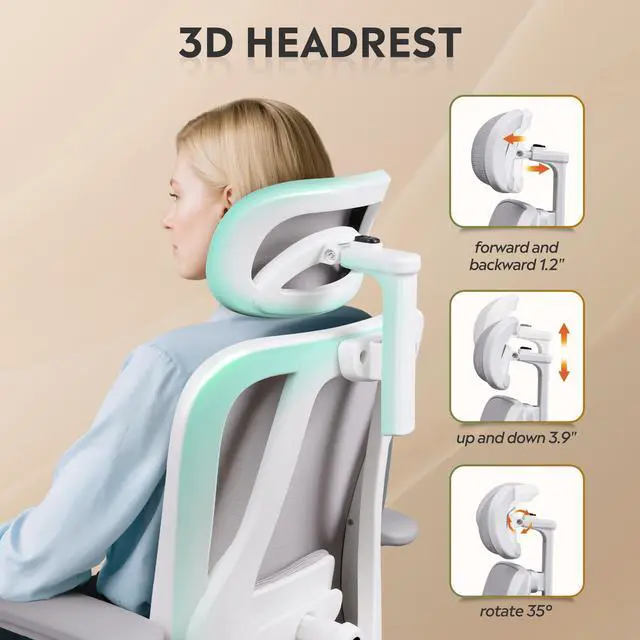 Alt view image 6 of 6 - Ergonomic Mesh Office Chair with Adjustable 3D Headrest and Tilt Function, Big and Tall Reclining Comfy Home Computer Desk Chair with Lumbar Support and 3D Armrests, White