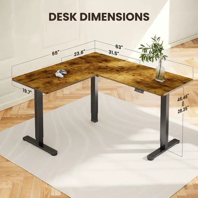 Alt view image 3 of 6 - L Shaped Standing Desk, 63"x55" Electric Adjustable Height Sit Stand up Desk, Ergonomic Large Computer Table, Left & Right Interchangeable Installation, Suitable for Home Office, Vintage Brown