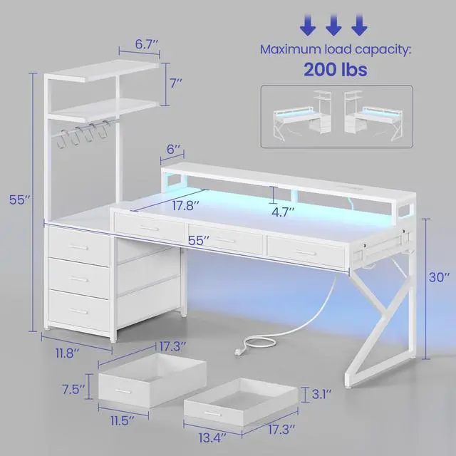 Alt view image 2 of 6 - 55" Gaming Desk with 6 Drawers, Corner Gaming Desk with Storage & LED Lights, Reversible PC Desk with Power Outlet, Corner Computer Desk with Hutch, Monitor Stand, Side Hook, Carbon Fiber White