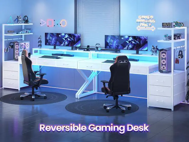 Alt view image 3 of 6 - 55" Gaming Desk with 6 Drawers, Corner Gaming Desk with Storage & LED Lights, Reversible PC Desk with Power Outlet, Corner Computer Desk with Hutch, Monitor Stand, Side Hook, Carbon Fiber White