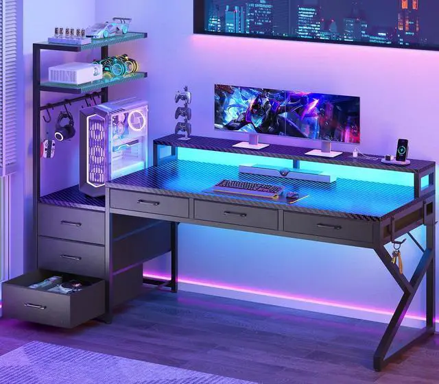 Main image of 55" Gaming Desk with 6 Drawers, Corner Gaming Desk with Storage & LED Lights, Reversible PC Desk with Power Outlet, Corner Computer Desk with Hutch, Monitor Stand, Side Hook, Carbon Fiber Black
