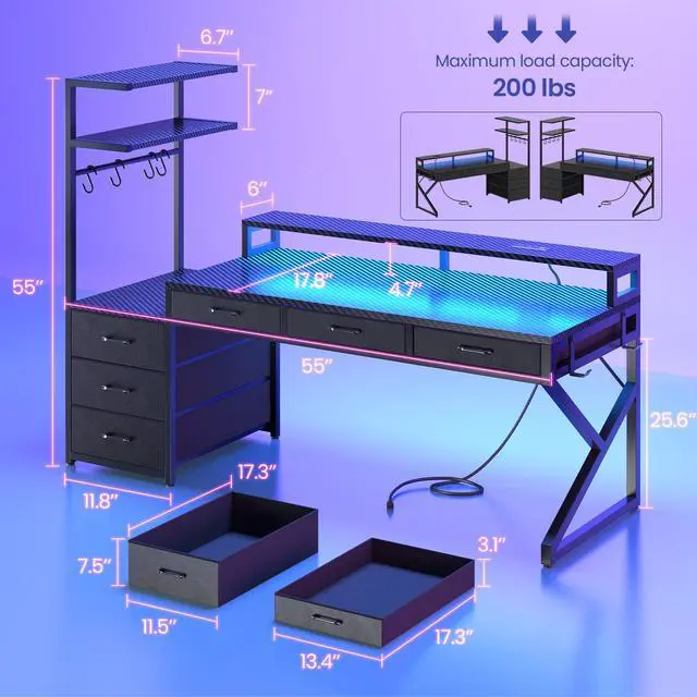 Alt view image 2 of 6 - 55" Gaming Desk with 6 Drawers, Corner Gaming Desk with Storage & LED Lights, Reversible PC Desk with Power Outlet, Corner Computer Desk with Hutch, Monitor Stand, Side Hook, Carbon Fiber Black