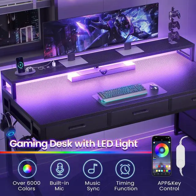 Alt view image 4 of 6 - 55" Gaming Desk with 6 Drawers, Corner Gaming Desk with Storage & LED Lights, Reversible PC Desk with Power Outlet, Corner Computer Desk with Hutch, Monitor Stand, Side Hook, Carbon Fiber Black