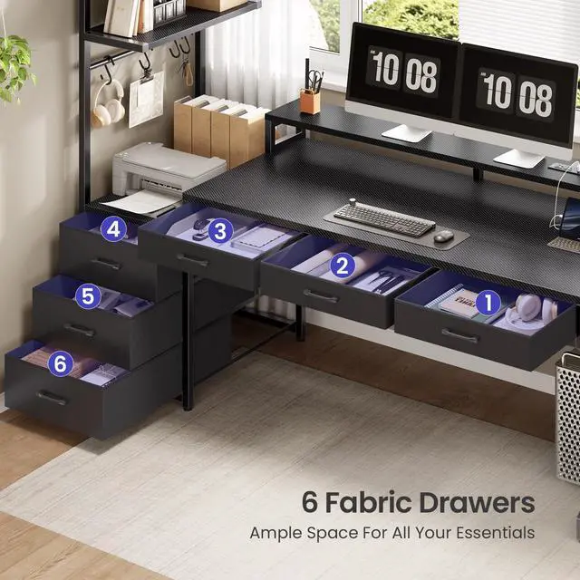 Alt view image 5 of 6 - 55" Gaming Desk with 6 Drawers, Corner Gaming Desk with Storage & LED Lights, Reversible PC Desk with Power Outlet, Corner Computer Desk with Hutch, Monitor Stand, Side Hook, Carbon Fiber Black