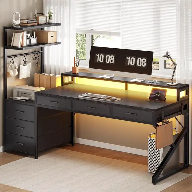 Alt view image 6 of 6 - 55" Gaming Desk with 6 Drawers, Corner Gaming Desk with Storage & LED Lights, Reversible PC Desk with Power Outlet, Corner Computer Desk with Hutch, Monitor Stand, Side Hook, Carbon Fiber Black