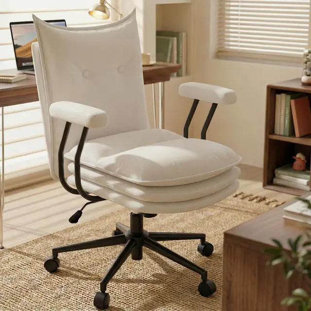 Main image of White Leather Office Chair with Triple-Layer Seat, Home Desk Chair | Comfy 7.3-inch Thick Cushion, Mid Back Ergonomic Support for Long Hours, Smooth Silent Wheels, Mid-Century Vintage Style
