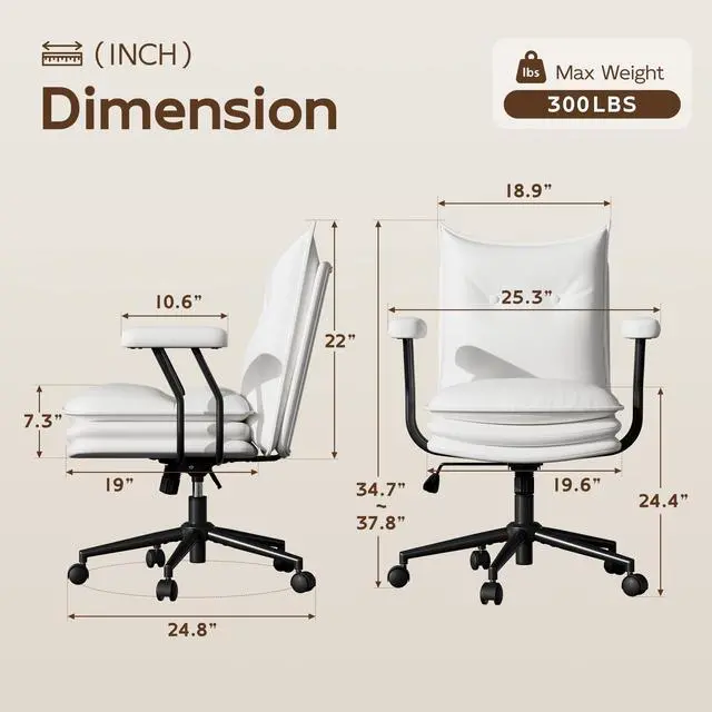 Alt view image 2 of 6 - White Leather Office Chair with Triple-Layer Seat, Home Desk Chair | Comfy 7.3-inch Thick Cushion, Mid Back Ergonomic Support for Long Hours, Smooth Silent Wheels, Mid-Century Vintage Style