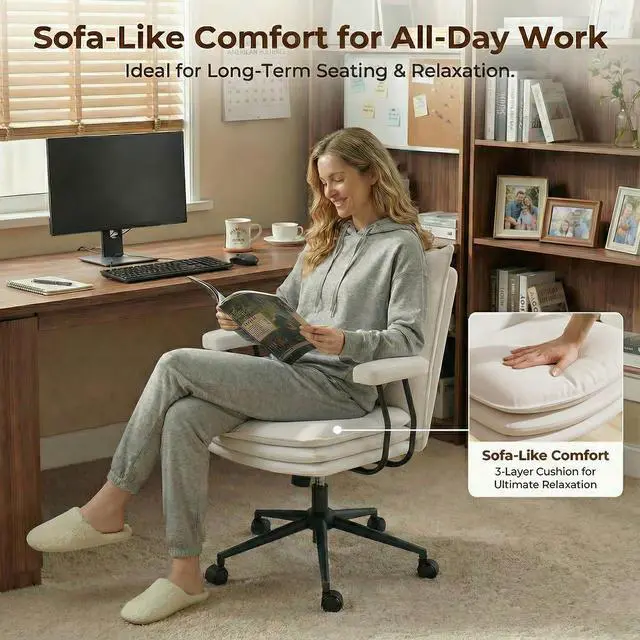 Alt view image 3 of 6 - White Leather Office Chair with Triple-Layer Seat, Home Desk Chair | Comfy 7.3-inch Thick Cushion, Mid Back Ergonomic Support for Long Hours, Smooth Silent Wheels, Mid-Century Vintage Style