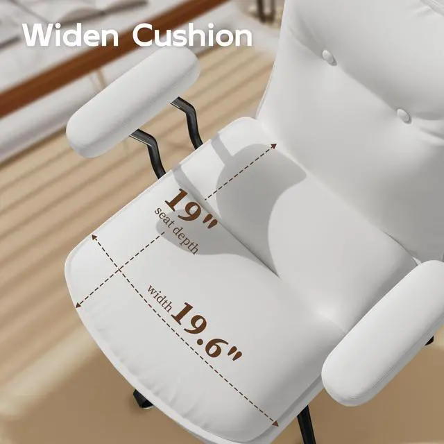 Alt view image 4 of 6 - White Leather Office Chair with Triple-Layer Seat, Home Desk Chair | Comfy 7.3-inch Thick Cushion, Mid Back Ergonomic Support for Long Hours, Smooth Silent Wheels, Mid-Century Vintage Style