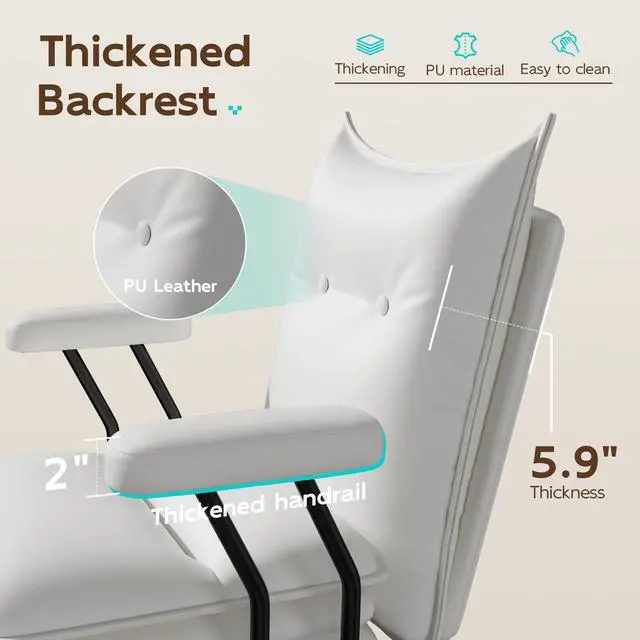 Alt view image 6 of 6 - White Leather Office Chair with Triple-Layer Seat, Home Desk Chair | Comfy 7.3-inch Thick Cushion, Mid Back Ergonomic Support for Long Hours, Smooth Silent Wheels, Mid-Century Vintage Style