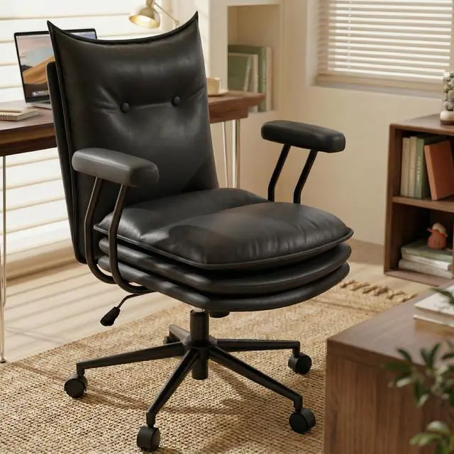 Main image of Black Leather Office Chair with Triple-Layer Seat, Home Desk Chair | Comfy 7.3-inch Thick Cushion, Mid Back Ergonomic Support for Long Hours, Smooth Silent Wheels, Mid-Century Vintage Style