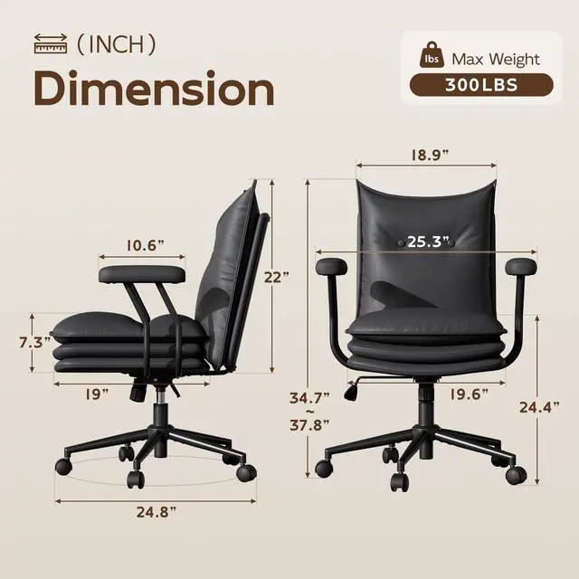 Alt view image 2 of 6 - Black Leather Office Chair with Triple-Layer Seat, Home Desk Chair | Comfy 7.3-inch Thick Cushion, Mid Back Ergonomic Support for Long Hours, Smooth Silent Wheels, Mid-Century Vintage Style