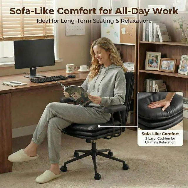 Alt view image 3 of 6 - Black Leather Office Chair with Triple-Layer Seat, Home Desk Chair | Comfy 7.3-inch Thick Cushion, Mid Back Ergonomic Support for Long Hours, Smooth Silent Wheels, Mid-Century Vintage Style