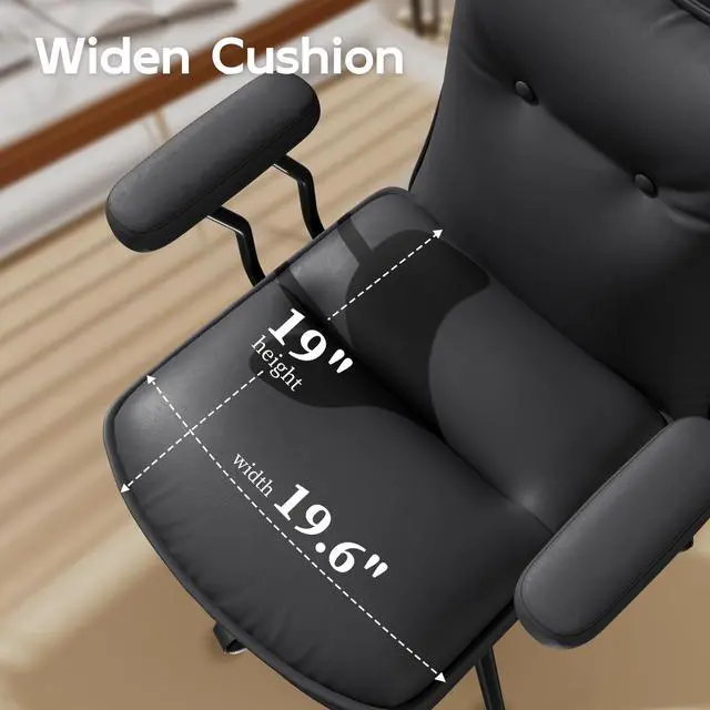 Alt view image 4 of 6 - Black Leather Office Chair with Triple-Layer Seat, Home Desk Chair | Comfy 7.3-inch Thick Cushion, Mid Back Ergonomic Support for Long Hours, Smooth Silent Wheels, Mid-Century Vintage Style