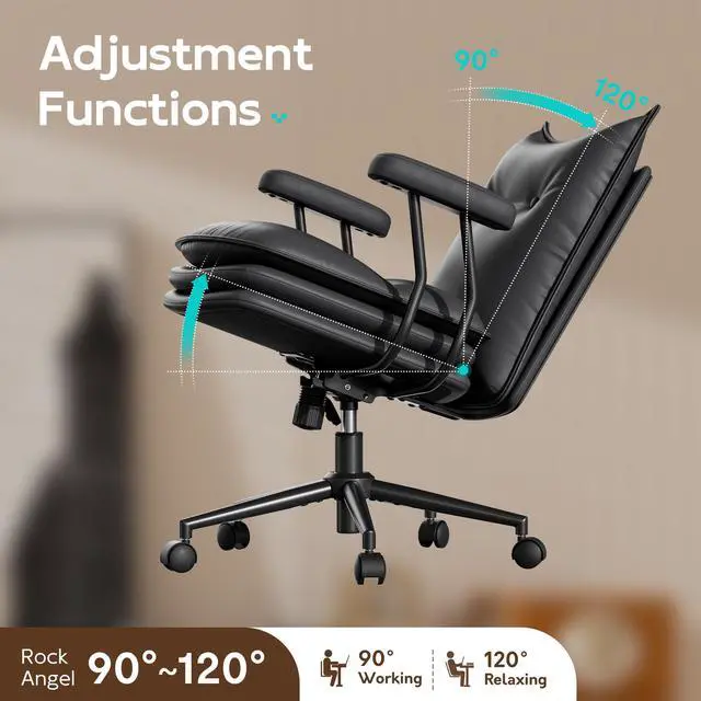 Alt view image 6 of 6 - Black Leather Office Chair with Triple-Layer Seat, Home Desk Chair | Comfy 7.3-inch Thick Cushion, Mid Back Ergonomic Support for Long Hours, Smooth Silent Wheels, Mid-Century Vintage Style