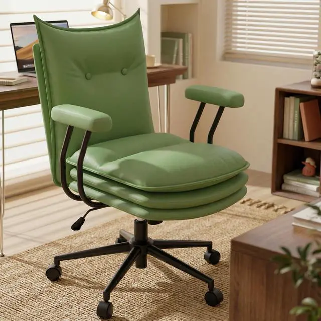 Main image of Sage Green Office Chair with Triple-Layers Thicken Wide Seat, Mid Back Leather Desk Chair with Wheels and Arms, Mid-Century Modern Computer Chair for Home Office
