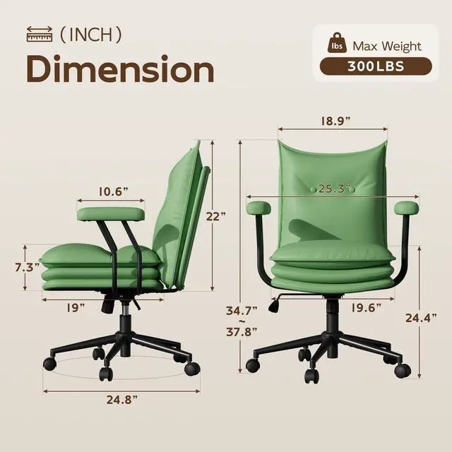 Alt view image 2 of 6 - Sage Green Office Chair with Triple-Layers Thicken Wide Seat, Mid Back Leather Desk Chair with Wheels and Arms, Mid-Century Modern Computer Chair for Home Office