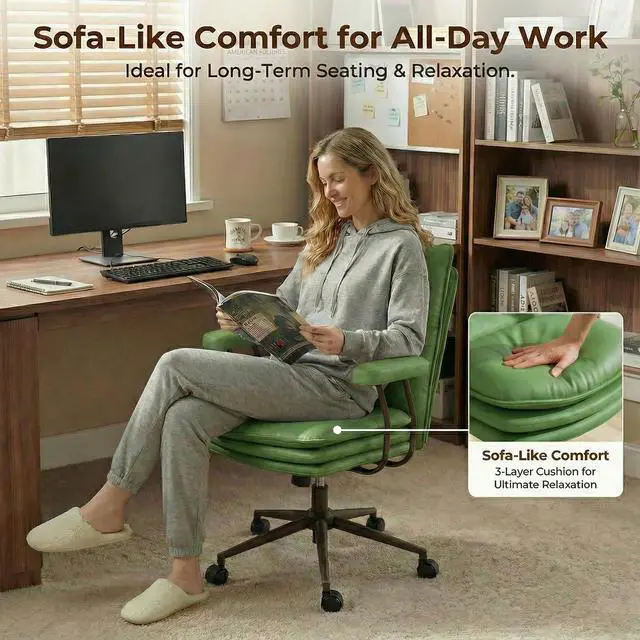 Alt view image 3 of 6 - Sage Green Office Chair with Triple-Layers Thicken Wide Seat, Mid Back Leather Desk Chair with Wheels and Arms, Mid-Century Modern Computer Chair for Home Office