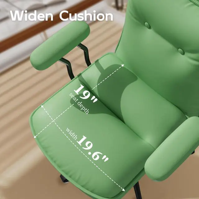 Alt view image 4 of 6 - Sage Green Office Chair with Triple-Layers Thicken Wide Seat, Mid Back Leather Desk Chair with Wheels and Arms, Mid-Century Modern Computer Chair for Home Office