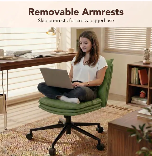 Alt view image 5 of 6 - Sage Green Office Chair with Triple-Layers Thicken Wide Seat, Mid Back Leather Desk Chair with Wheels and Arms, Mid-Century Modern Computer Chair for Home Office