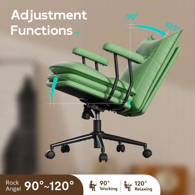 Alt view image 6 of 6 - Sage Green Office Chair with Triple-Layers Thicken Wide Seat, Mid Back Leather Desk Chair with Wheels and Arms, Mid-Century Modern Computer Chair for Home Office