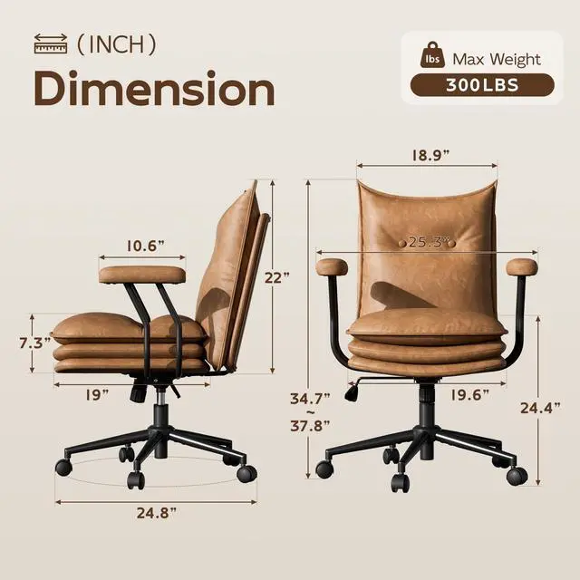 Alt view image 2 of 6 - Brown Leather Office Chair with Triple-Layer Seat, Home Desk Chair | Comfy 7.3-inch Thick Cushion, Mid Back Ergonomic Support for Long Hours, Smooth Silent Wheels, Mid-Century Vintage Style