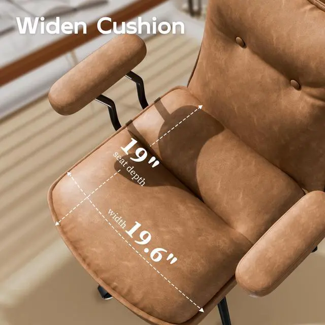 Alt view image 4 of 6 - Brown Leather Office Chair with Triple-Layer Seat, Home Desk Chair | Comfy 7.3-inch Thick Cushion, Mid Back Ergonomic Support for Long Hours, Smooth Silent Wheels, Mid-Century Vintage Style