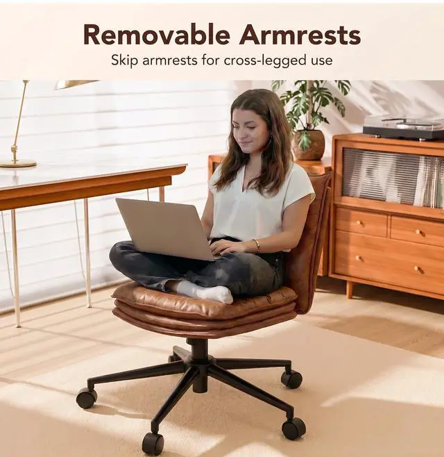 Alt view image 5 of 6 - Brown Leather Office Chair with Triple-Layer Seat, Home Desk Chair | Comfy 7.3-inch Thick Cushion, Mid Back Ergonomic Support for Long Hours, Smooth Silent Wheels, Mid-Century Vintage Style