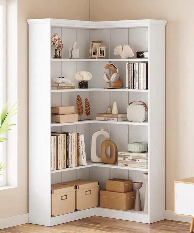 Main image of Corner Bookshelf 72.8in Farmhouse Bookcase Large Bookshelves Wood Bookcase Tall 5 Tier Corner Shelf L Shaped Bookshelf Storage Display Rack Living Room Bedroom (White, Full Panel)